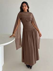 Aloruh Váy chữ A dài tối giản, cổ thuyền, không tay, xếp ly, ruy băng nâu cao cấp - màu nâu - Xem 4