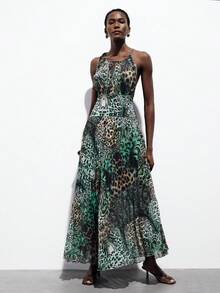 Frievida 雪纺印花露背褶皱下摆无袖连衣裙 - 彩色 - 查看 3