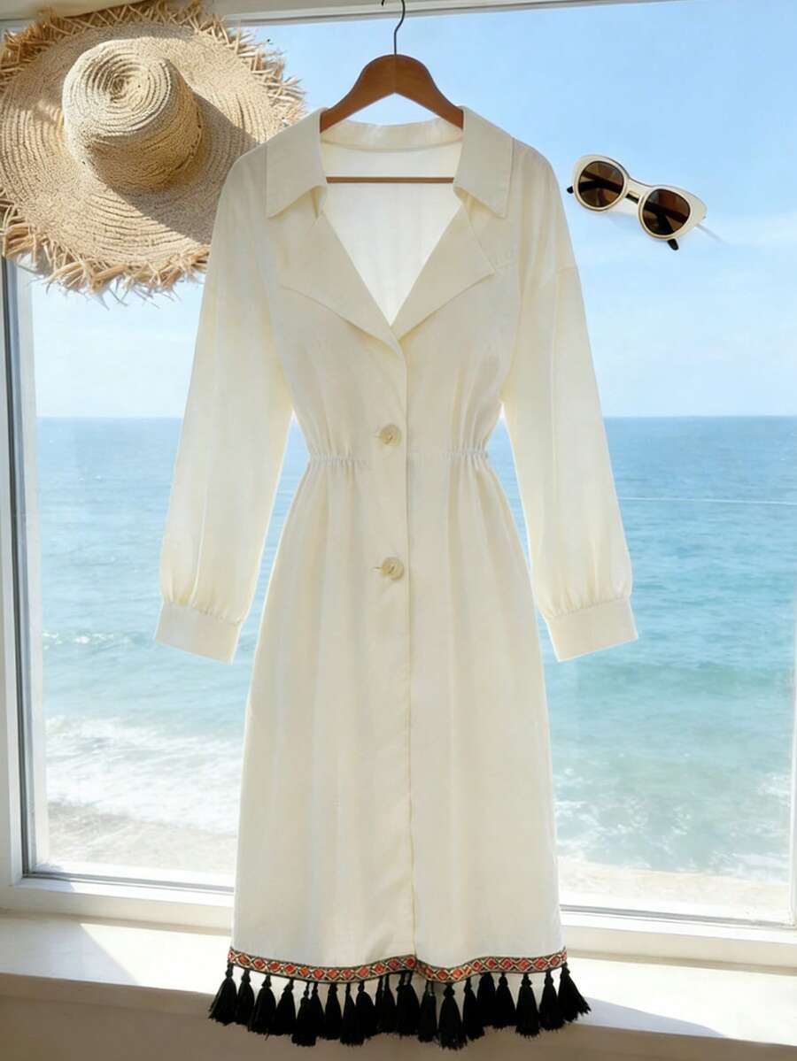 GlowEve Women's Single-Breasted Pleated Fringe Design Fashionable Chic Dress - Apricot - View 1