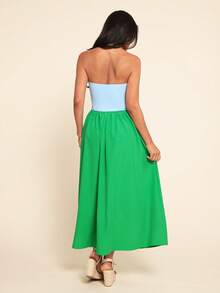 Vivid Eden 女士休闲优雅浪漫日常度假撞色连衣裙，无肩带连衣裙，女士蓝色连衣裙和绿色连衣裙，春夏款 - 綠色 - 查看 18