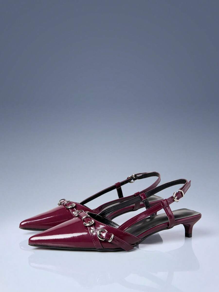CUCCOO GRLICON 酒红色漆皮尖头后跟镂空金属环扣小猫跟女鞋 - 酒紅色 - 查看 1