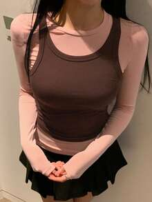 DAZY 2pcs/Set Women Solid Color Crew Neck Long Sleeve T-Shirt And Sleeveless Casual Tank Top, Spring/Autumn Lounge Sets For Women - Pink - View 1