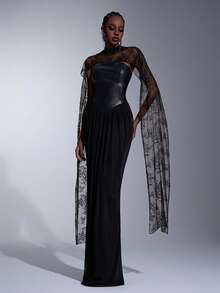 Elitara Robe élégante, luxueuse et polyvalente en patchwork , maille élastique, dentelle et froncée, avec manches amovibles à sequins et ourlet en queue de poisson. Convient pour les mariages, les fêtes, les vacances, les galas et les événements formels - Noir - Voir 5