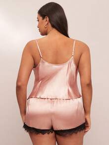 SHEIN BAE Plus Size Faux Silk Lace Trim Cami Top And Shorts Pajama Set Satin Pajama Set Lace Trim Pajama Set Satin Sleepwear Set Lingerie Pajama Set Lace Pajama Set Lace Pj Set Lingerie Sleep Set Babydoll Pajama Set - Dusty Pink - View 2