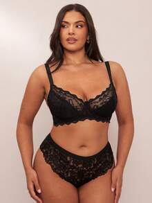 SHEIN BAE 1pc Women Plus Size Lace Patchwork Underwire Bra, Comfortable, Lift - Black - View 5