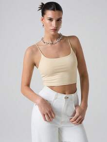 SHEIN EZwear 杏色短款修身休闲吊带背心，夏季必备 - 杏色 - 查看 5