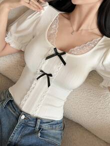 Feyla 女士蕾丝边领蝴蝶结装饰荷叶袖性感可爱百搭T恤 - 白色 - 查看 6
