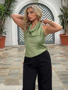 Jeta Ari Blus Wanita Elegan Sederhana dengan Kerah Drape dan Tali Leher Warna Aprikot, Atasan untuk Pesta. - Mint Green - View 5