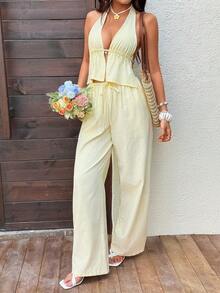 Sunnyshic 黄色条纹棉质面料，金属海星装饰，深V领露背吊带短款上衣搭配低腰抽绳口袋阔腿裤两件套，女士春夏度假海滩优雅甜美休闲简约日常百搭套装 - 黃色 - 查看 4