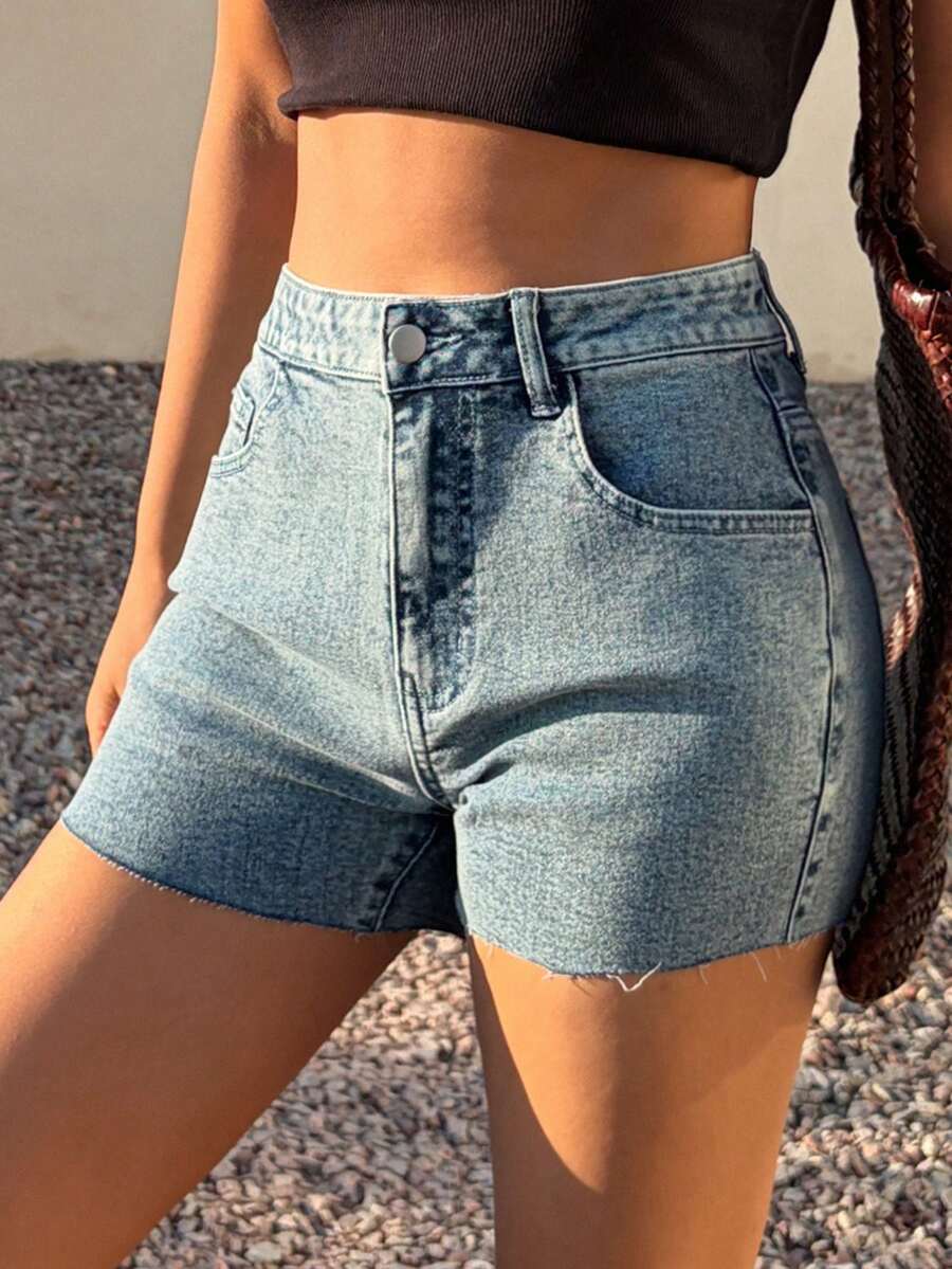 DAZY Women's Casual Washed Frayed Hem Fitted Denim Shorts, Summer - Medium Wash - View 1
