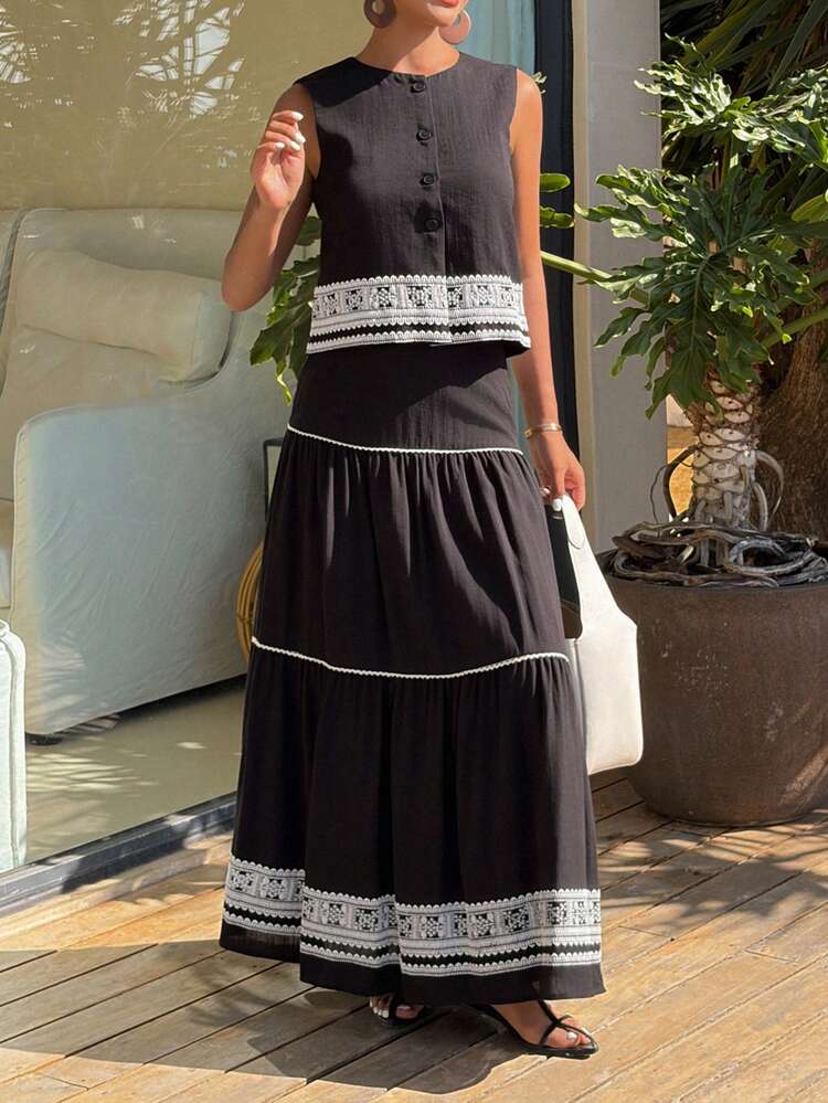 Women's Contrast Embroidered Graphic Camisole And High Waist Pleated Splice Skirt Vacation Style 2 Pieces Set