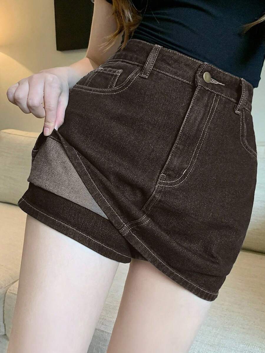 DAZY 夏季度假沙滩运动休闲原色牛仔女裙短裤 - 棕色 - 查看 1