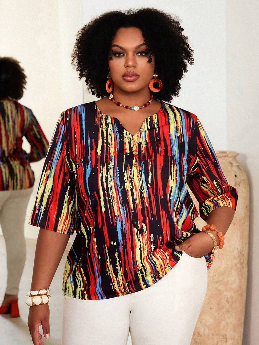 BrightlyHer Plus Size Women V-Neck Striped Short Sleeve Shirt, Black And Red Summer Tops,Smart Casual Vacation,Spring Bohemian Holiday - Multicolor - View 1