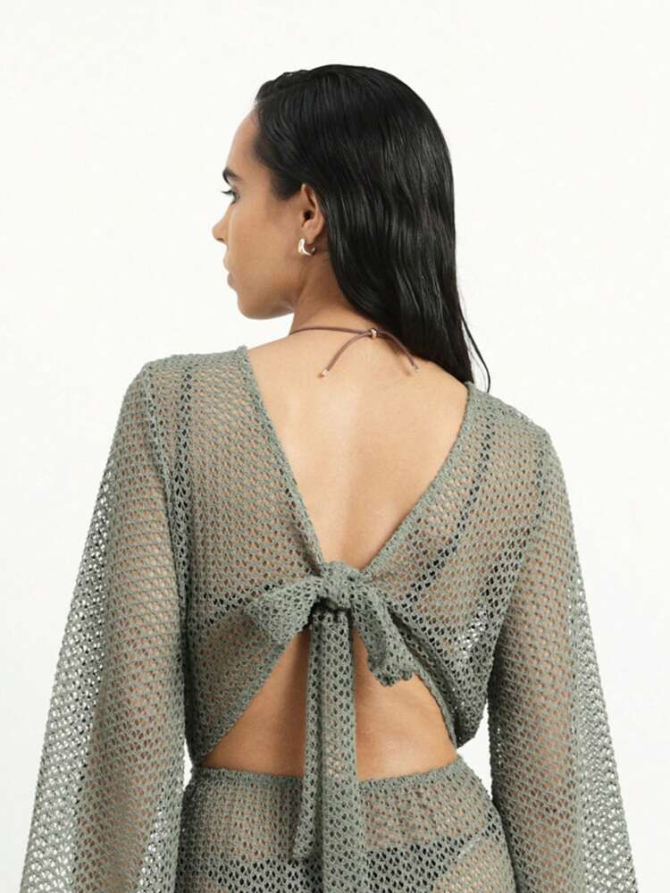 KSTM Sage Green Eyelet Mesh Crochet Maxi Dress Cover Up With Long Flared Sleeves And Tie Back Detail