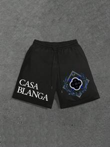Resyla Men's Casual Letter Print Drawstring Waist Shorts, Summer - Black - View 1