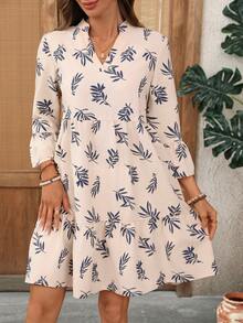 EMERY ROSE Women's Tropical Plant Pattern Flare Sleeve Casual Dress - Blue and White - View 6