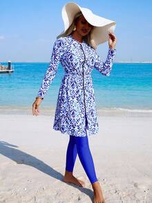 Swim Shayni 女士蓝色中式印花布基尼两件套，带可拆卸外套，适合海滩度假 - 淺藍色 - 查看 7