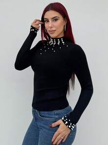 Bearsaez 仿珍珠领修身黑色长袖套头毛衣 - 黑色 - 查看 3