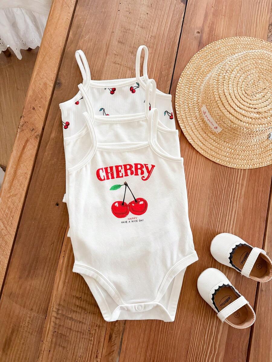 SHEIN LMoss Kids LMoss 女婴休闲夏季针织樱桃图案连体衣套装，开裆设计，3 件套 - 彩色 - 查看 1