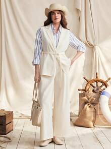 Zovinel Women's Casual Sleeveless Blazer Jacket And Wide Leg Pants Set, Adjustable Waist Belt, Spring/Summer - Apricot - View 3