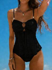 Swim Mod Women's Solid Apricot Textured Fabric Beaded Decor Camisole & Bikini Set, Suitable For Summer Beach & Vacation Black Swimsuit - Black - View 1