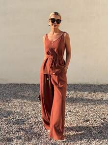 DAZY Conjunto de 2 piezas de top con atar en la cintura y pantalones casuales en color borgoña, conjunto de ropa de estar en casa para primavera/verano para mujeres - Rojo - Ver 4
