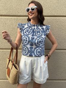 Solivie 女士休闲日常荷叶边印花衬衫，夏季 - 白色 - 查看 7