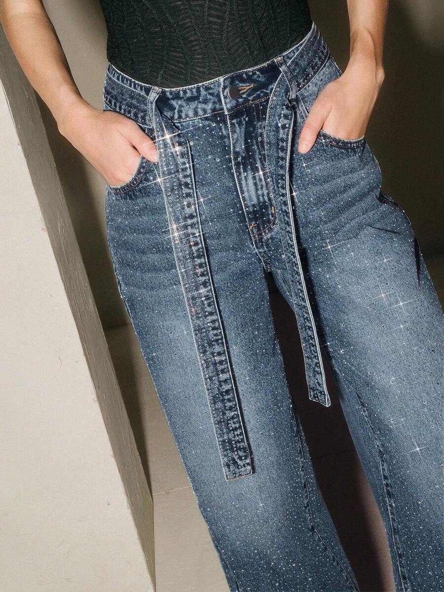 Anewsta New Arrival Rhinestone Embellished Women's Blue Straight Leg Jeans - Blue - View 1