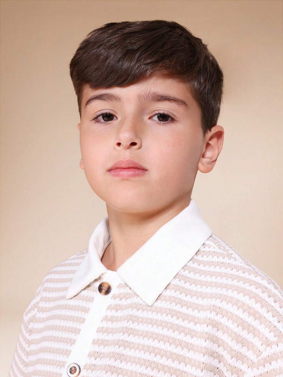 Beige White Crochet Texture Short Sleeve Button Front Collared Shirt Boys Tween Summer Spring Casual Striped Pattern Regular Fit