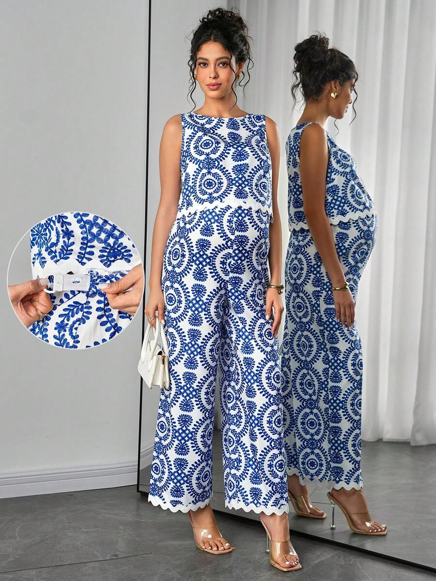 Momance 孕妇无袖植物印花上衣+可调节腰围裤子两件套，夏季 - 藍色 - 查看 1