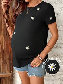 SHEIN 孕妇休闲雏菊刺绣圆领短袖T恤 - 黑色 - 查看 1
