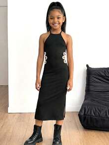 SHEIN Tween Girls' Black Knit Sleeveless Snug Fit Mini Dress With Cutout Waist And Contrast Trim, Versatile All-Match Dress For Spring/Summer - Black and White - View 5