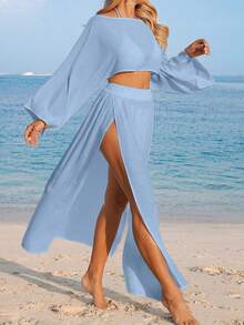 Conjunto de dos piezas de cubrecuerpo casual de manga larga y abertura para la playa para mujer, color blanco - Marrón - Ver 9
