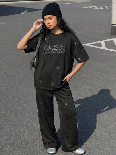 Tween Girls T-Shirt Set, Includes Loose Black Short Sleeve Sequin Letter Decor Tee And Loose Black Wide Leg Pants, Skin-Friendly Soft Fabric, Suitable For Daily Wear And Vacation Leisure, New Summer Collection