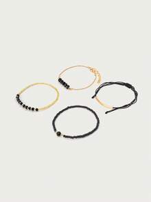 Glisma 4 件套时尚黑水晶手工串珠手链套装，适合女士，时尚度假派对珠宝礼物 - 黑色 - 查看 5