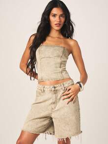 MISSGUIDED 女士做旧牛仔百慕大短裤，毛边低腰休闲夏季下装 - 卡其色 - 查看 5