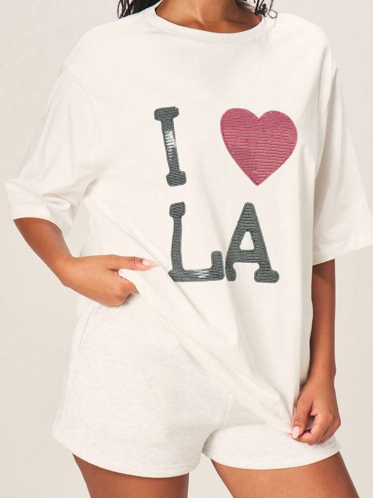 MISSGUIDED Rhinestone Sequin I Love LA Heart Graphic Oversized Short Sleeve Crew Neck White T-Shirt For Casual Daily Wear