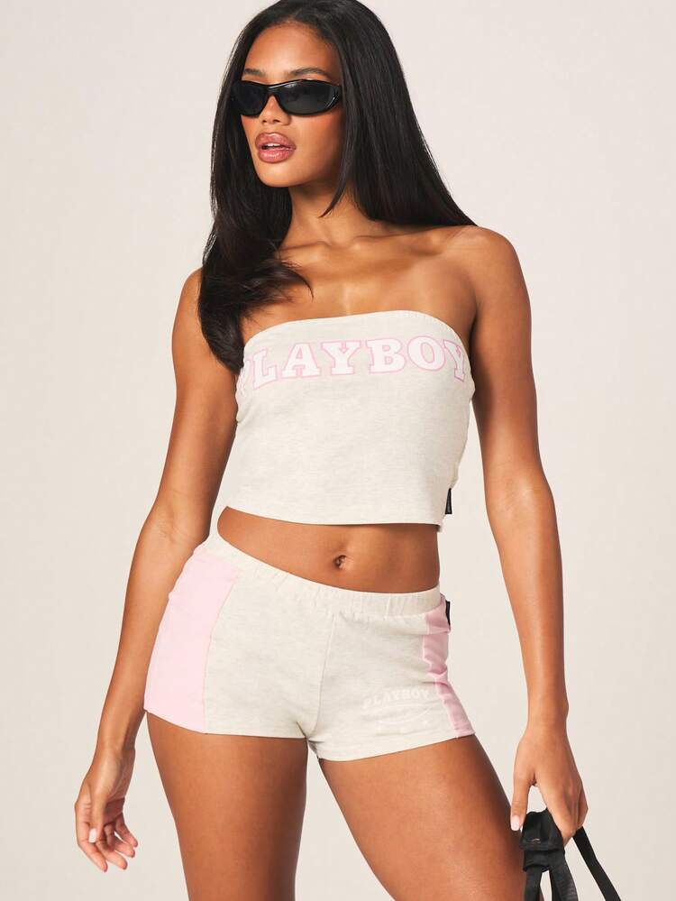 Missguided x Playboy Bandeau Strapless Tube Top With Pink Logo Print Contrast Detailing Summer Festival Crop Top