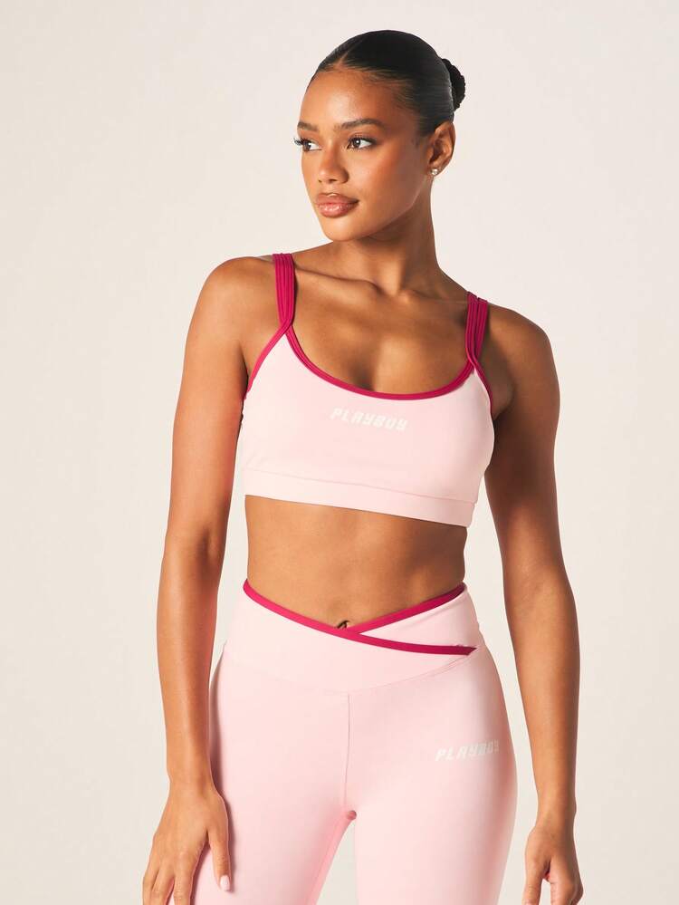 Missguided x Playboy Double Strap Scoop Neck Athletic Compression Sports Bra With Contrast Trim Detail Pink Activewear Top For Training Workout Gym Exercise