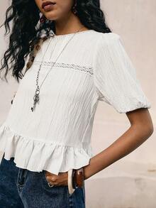 Poéselle White Round Neck Casual Versatile Puff Short Sleeve Top, Lace Hollow Out Summer Top, Lightweight Casual French-Style Top - White - View 5
