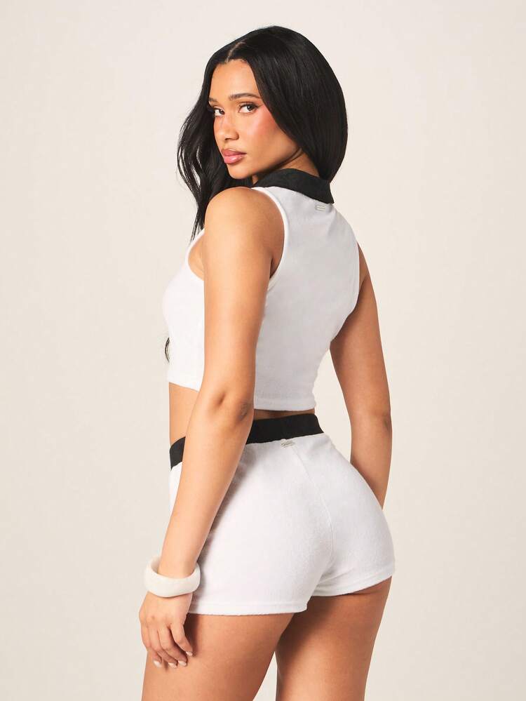 Missguided x Playboy Towelling Polo Crop Top And Matching Shorts Two Piece Co Ord Set With Black Contrast Collar And Waistband Bunny Logo Summer Casual Outfit