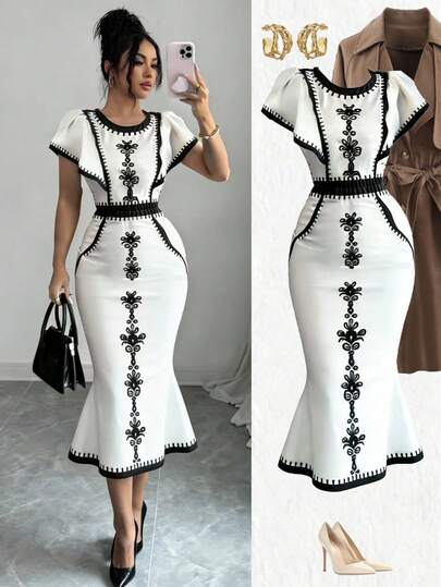 Elenzga Đầm midi ôm dáng cổ tròn, họa tiết hoa, phối bèo nhún, dành cho nữ.