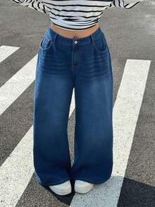 Muchica 大码女式休闲宽松阔腿牛仔裤，适合日常通勤 - 藍色 - 查看 7