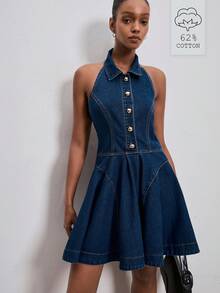 ATUI Studio Đầm denim cổ yếm xếp nếp, cài cúc đơn dành cho nữ - Màu xanh lam - Xem 1