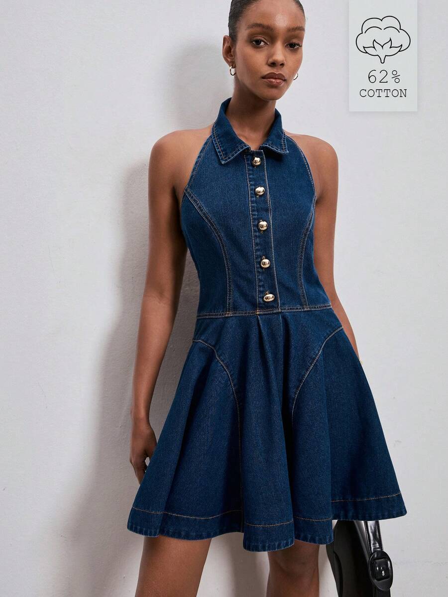 ATUI Studio Đầm denim cổ yếm xếp nếp, cài cúc đơn dành cho nữ - Màu xanh lam - Xem 1