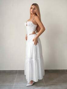 Sweetina 度假风超大荷叶边镂空刺绣女裙 - 白色 - 查看 4