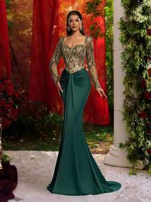 Glamrae 优雅奢华的串珠刺绣拼接醋酸纤维缎面长袖褶皱腰带系带下摆正式连衣裙，适合晚宴、商务场合、宾客礼服等。 - 墨綠色 - 查看 5