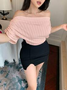 DAZY 女士休闲褶皱不对称领口百搭日常穿搭T恤 - 粉色 - 查看 5