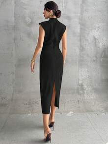 Firerie Women's Elegant Minimalist Casual Daily Commute Vacation Fashion New Small Stand Collar Draped Sleeve Cinched Waist Apricot Long Dress Classy Black Dress Elegant Midi Dress Collar Dress - Black - View 5