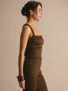 MUSERA Square Neck Bow Thick Strap Co-Ord Crop Top Only Spring Summer Cosy Cute Daily Girly Vacation Sunlight Social - Chocolate Brown - View 3